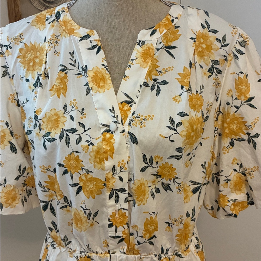 Joie Ruffled Dress Puff Sleeve Cotton Yellow Floral Belted with Pockets 12 - Picture 2 of 7